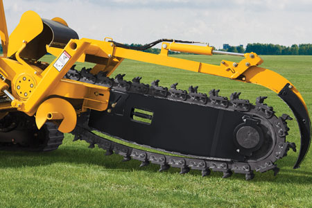 Sliding offset trencher with quads