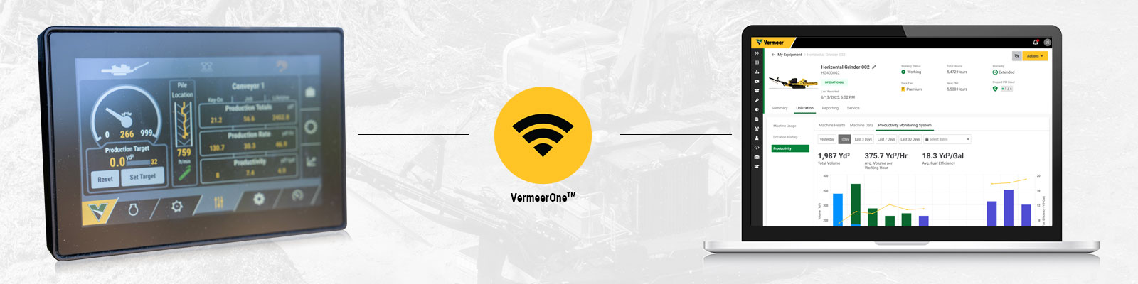 Graphic of Vermeer Productivity Monitoring System feeding into VermeerOne platform