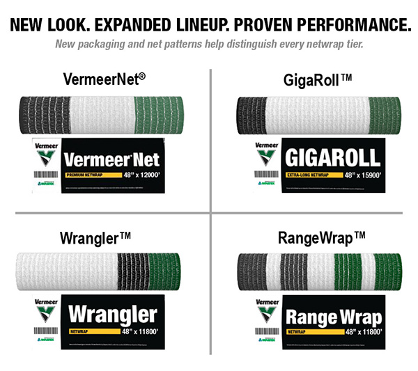 A graphic showing all the Vermeer netwrap options available for baler owners